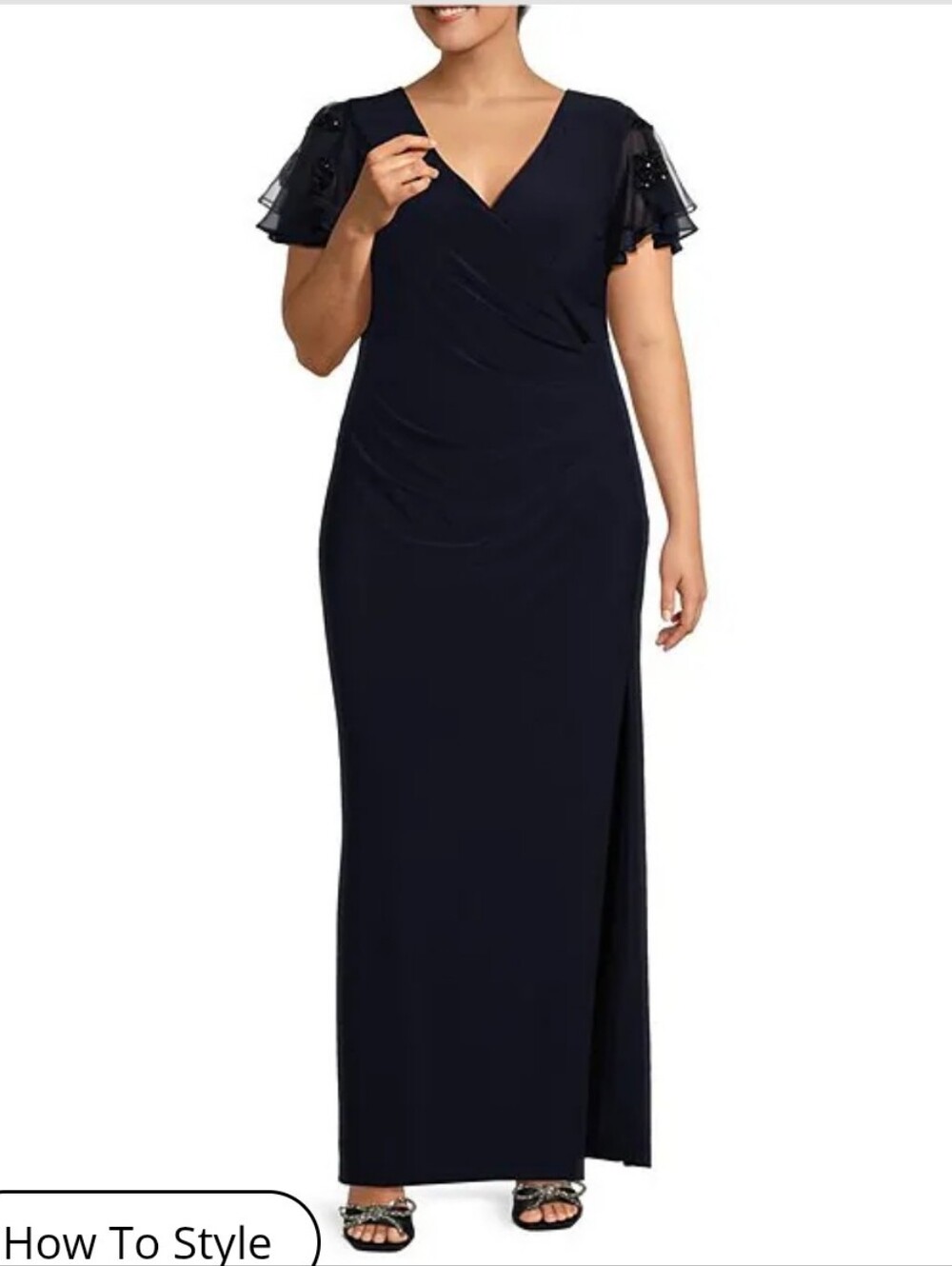 NWT Betsy & Adam 20W Navy Beaded Flutter Sleeve Draped Evening Gown $199 Plus